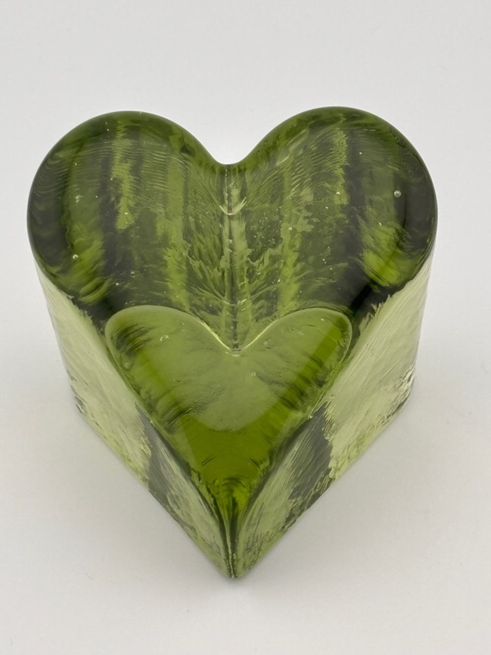 Vintage Fire & Light Green Recycled Glass Heart Paperweight